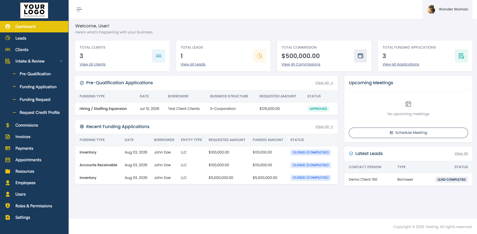 Partner dashboard with the partner's own logo in the sidebar and navigation for Dashboard, Leads, Clients, Intake and Review, Pre-Qualification, Funding Application, Funding Request, Request Credit Profile, Commissions, Invoices, Payments, Appointments, Resources, Employees, Users, Roles and Permissions, and Settings